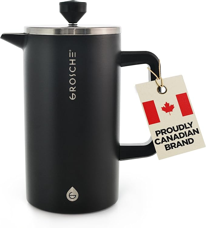GROSCHE Dub'lin Stainless Steel Coffee Maker French Press 8 Cup | 34 FL Oz Coffee Press, 18/8 Double Walled Stainless Steel French Press Coffee Maker - Hot/Cold Brew | Stainless French Press - BLACK