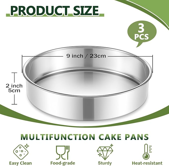 P&P CHEF 9 Inch Cake Pan Set of 3, 3 Pieces Round Layer Cake Baking Pans, Stainless Steel Smash Cake Tin Bakeware for Cooking Steaming, Nontoxic & Sturdy, Oven & Dishwasher Safe
