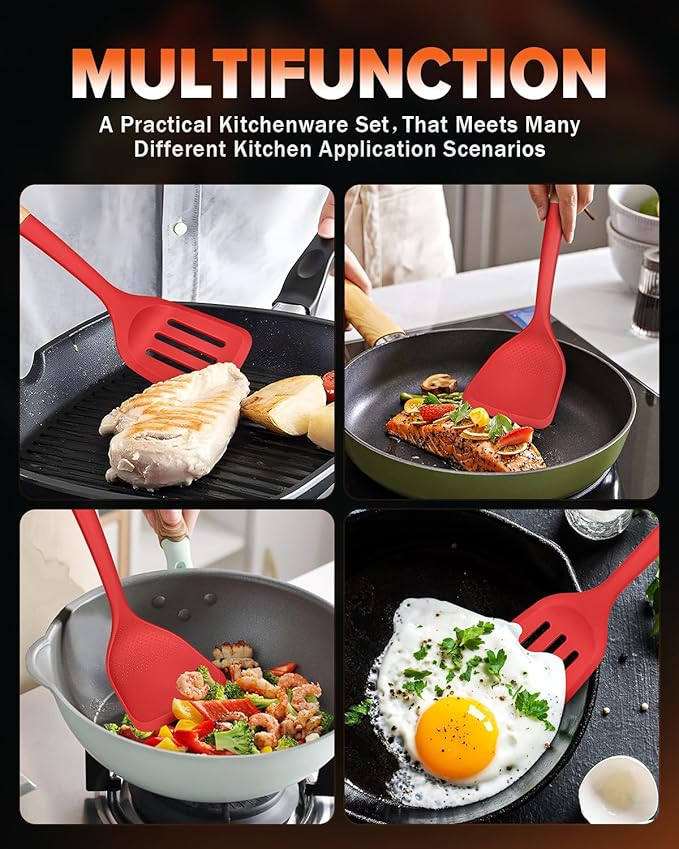 Silicone Wok Spatula Turner Set, Perfect for Scooping, Flipping, Lifting Pancakes and Picking up Veggies, BPA-Free Matte Silicone, Wooden Handles, Safe for Nonstick Cooking Surfaces (Red)