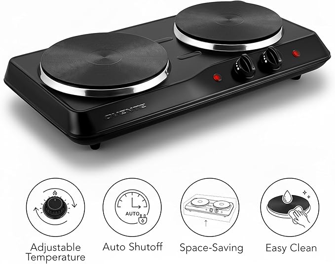 OVENTE Electric Countertop Double Burner, 1700W Cooktop with 7.25" and 6.10" Cast Iron Hot Plates, Temperature Control, Portable Cooking Stove and Easy to Clean Stainless Steel Base, Black BGS102B