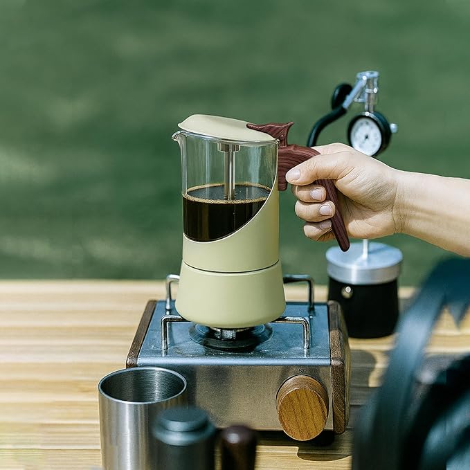Glass Moka Pot for Stovetop & Induction - Italian Espresso Maker with Wood Handle & Leak-Proof Design - Comes with Induction Heat Diffuser Plate (6 Cup, 240ml)