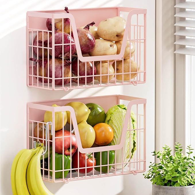 Pink Magnetic Shelf for Fridge, 2 Set Magnetic Fruit Baskets for Refrigerator Magnet Shelves, Potato and Onion Storage Bins, Magnet Holder Wire Basket for Laundry Room Pantry Kitchen Organizer