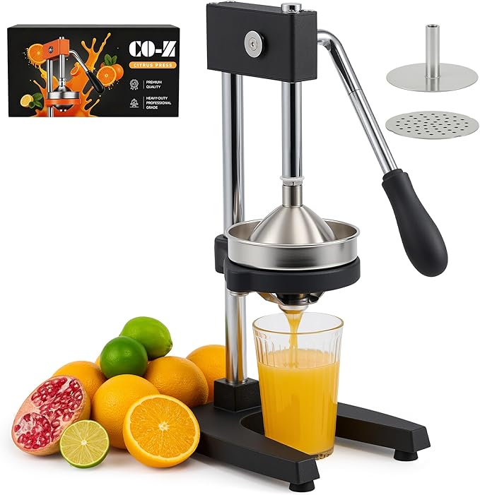 CO-Z Manual Citrus Juicer, Heavy-Duty Manual Juicer with Conical & Flat Pressure Plates, Professional Lemon Squeezer for Orange Pom Lime Lemon Juice, Dishwasher Safe Orange Juice Press, Black