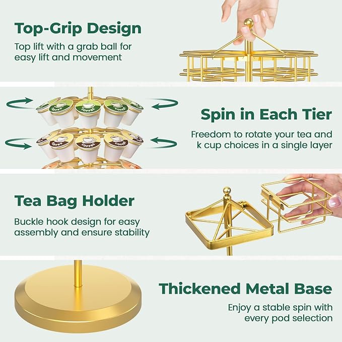 EsLuker.ly K Cup Holder Coffee Pod Organizer Carousel for Countertop, Rotatable Metal 4-Tier Storage Rack Stand for 30 K Cups & Tea Bags, Convenience Meets Elegance, Gold