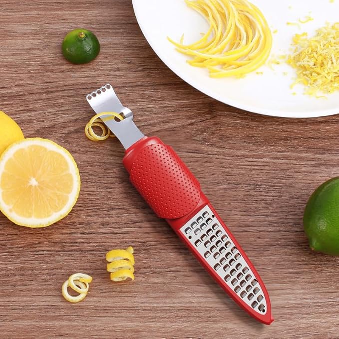 Pisol Lemon Citrus Orange Zester and Grater Tool, Cheese Grater & Vegetable Grater for Lime, Garlic, Ginger, Chocolate, Fruits, Dishwasher Safe, Red