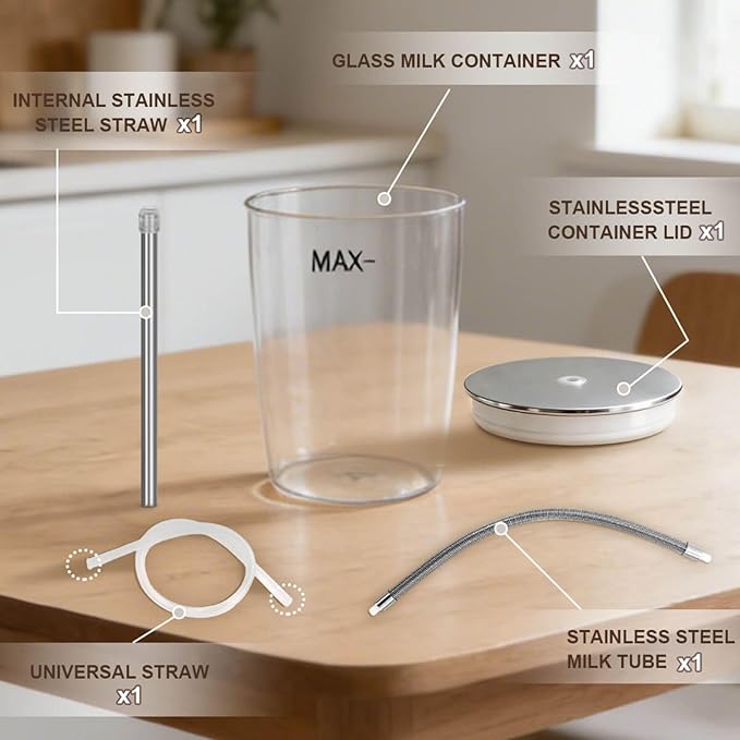 Glass Milk Container with Stainless Steel Milk Pipe Casing and HP3 Adapter Compatible with Jura Coffee Machine Models E8, S8, Z8, Z6 (16.9oz)，Replaceable for 72570
