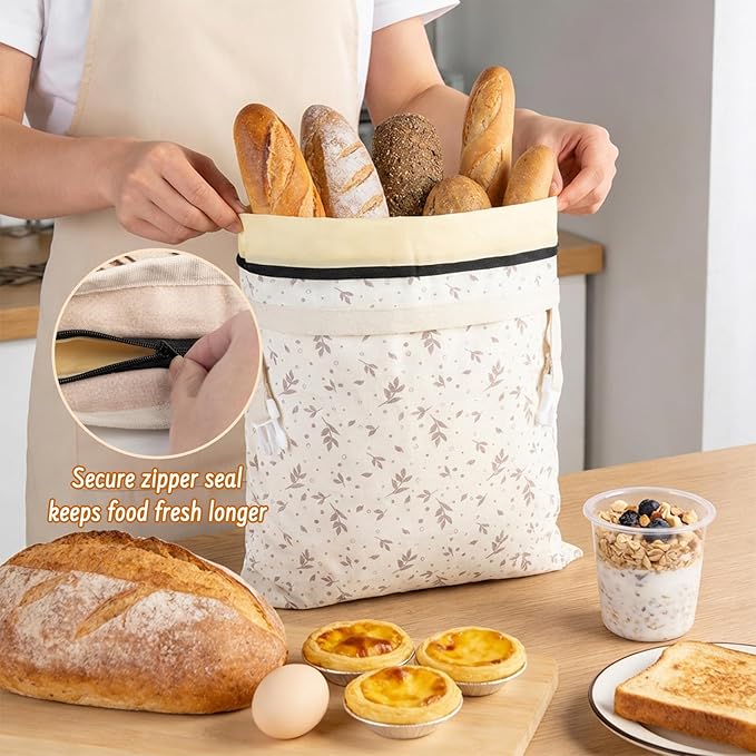2-Pack Reusable Beeswax Bread Bags for Sourdough & HomemadeBread with Zipper, 16.5 x 13 inch bread bags for Food Storage