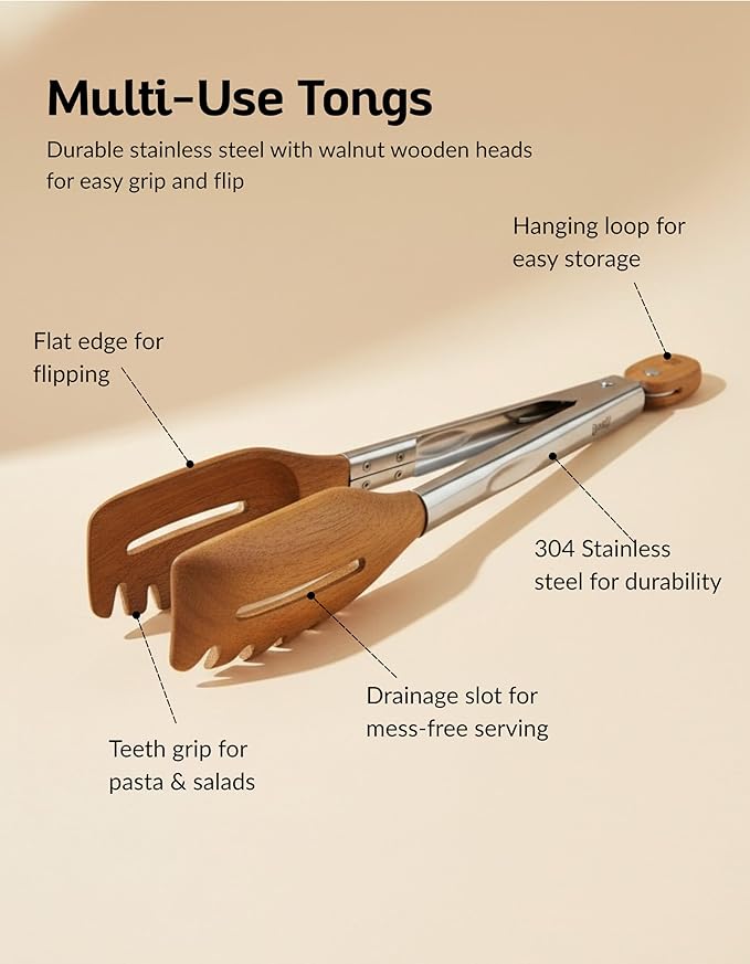 3-in-1 Kitchen Tongs & Pasta Server – 12 Inch Walnut Multifunction Tongs with Slotted Forked & Flat Tips for Pasta, Salad, Cooking and More – Elegant, Heat-Resistant Food Tongs for Home Cooks & Chefs
