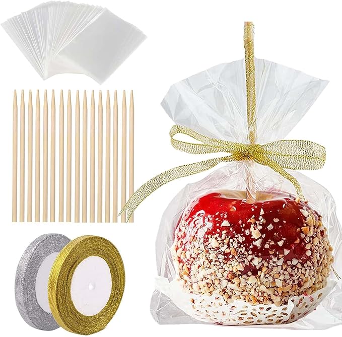 200 Pack Candy Apple Caramel Apple Sticks and Bags,100 Bags,100 Sticks, 50 Yard Gold and Silver Glitter Ribbon Caramel Apple Making kit