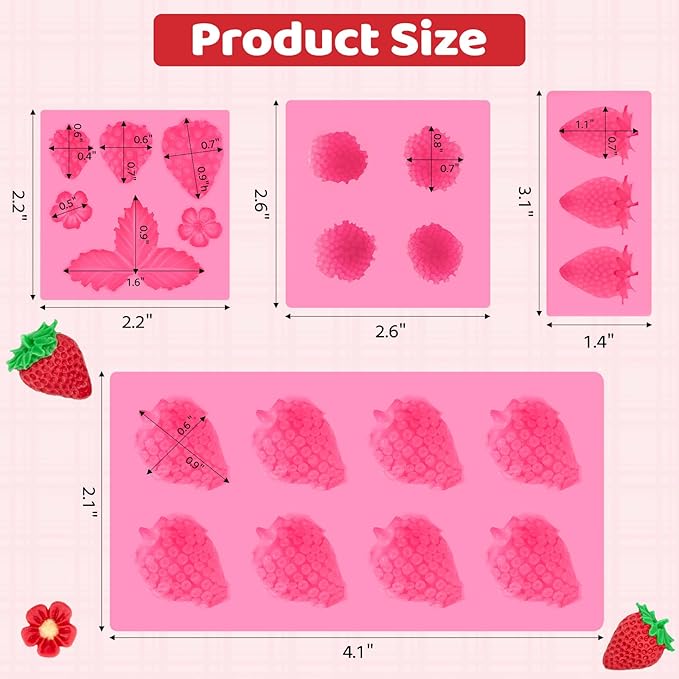 Puyeipt 4 Pcs Strawberry Silicone Molds, 3D Strawberry Fondant Molds for Chocolates, Candies, Cake Decorations, Cupcake Toppers, Desserts