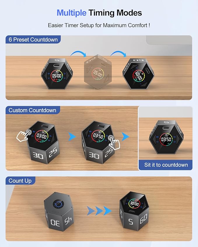 Ticktime Pomodoro Timer Cube, Hexagon Productivity Timer, Pause & Resume, Silent, Vibrate & Adjustable Sound Alert, for ADHD, Task, Work, Study, 5/15/25/30/45/60min & Custom Countdown,Gray