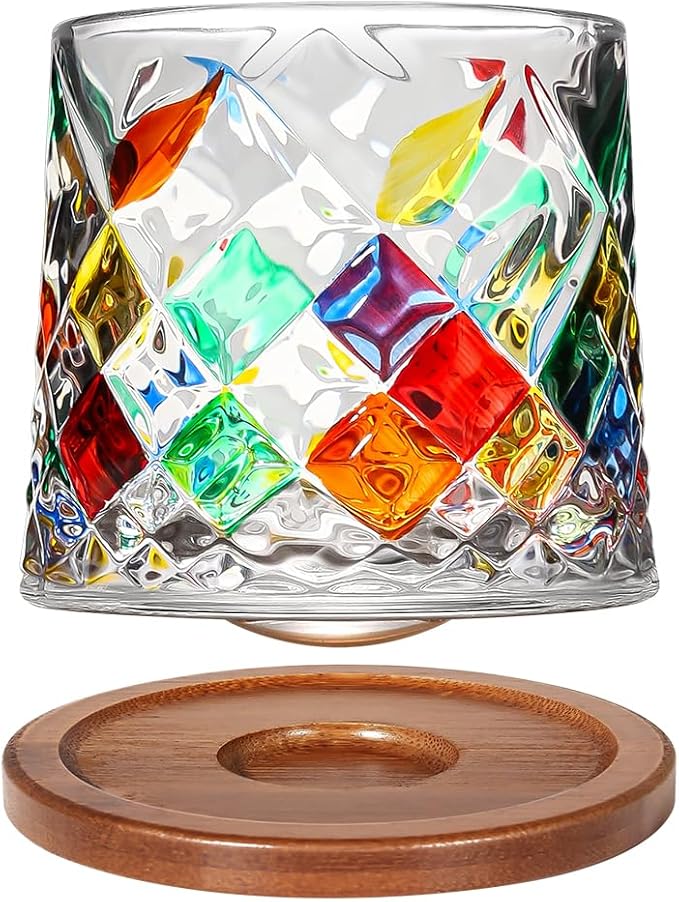 Rotatable Old Fashioned Glass Cup, 275ml/10oz Crystal Whiskey Glass, Wood Coaster, Thickening, Used as Rum Glass, Cocktail Cup, Coffee, Milk to Relax and Reduce Stress, Ideal Gift