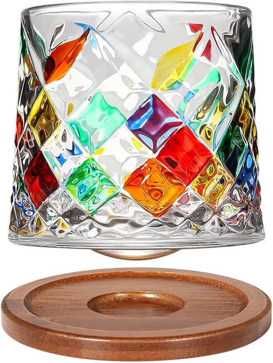 Rotatable Old Fashioned Glass Cup, 275ml/10oz Crystal Whiskey Glass, Wood Coaster, Thickening, Used as Rum Glass, Cocktail Cup, Coffee, Milk to Relax and Reduce Stress, Ideal Gift