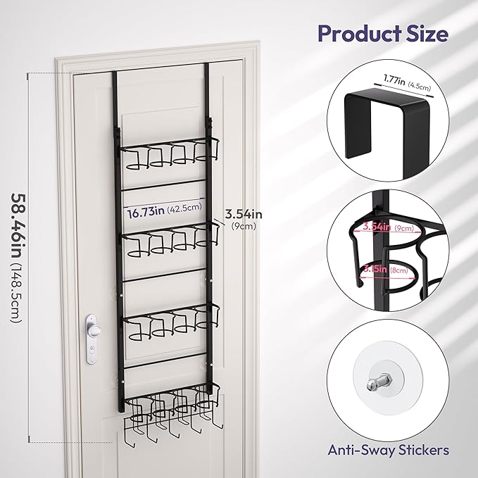 SWTYMIKI 4-Tier Water Bottle Organizer - Over the Door Stanley Cup Holder - Cup Rack with Hooks for Door or Wall Mount Option- Tumbler Organizer Storage Display for Kitchen Dorm Office RV, Black