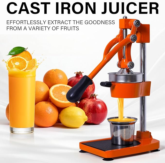 Manual Cast Iron Citrus Juicer,Commercial Hand Press,Heavy Duty Countertop Squeezer for Fresh Orange Lemon Juice,Stable When Pressed,Easy to Use & Clean (Orange)