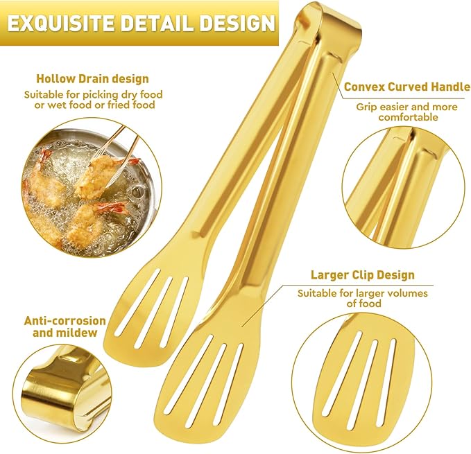 JCREN Serving Tongs 6 Pack Stainless Steel Buffet Tongs Kitchen Tongs, Small Tongs Gold Tongs Serving Utensils for Party Catering, Gold,7 Inch