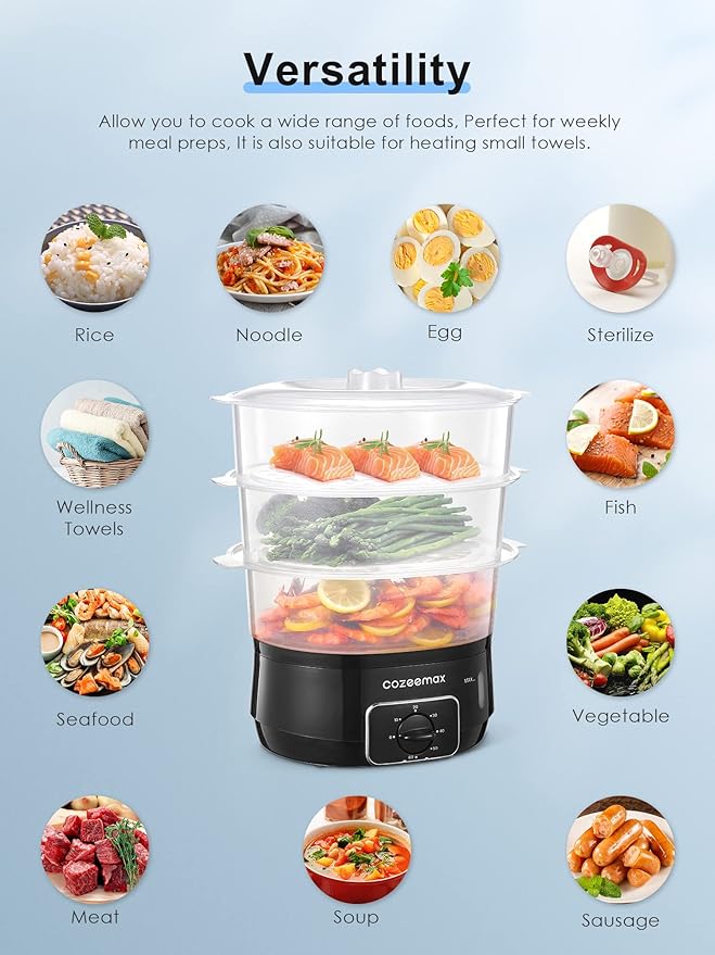 3 Tier Electric Food Steamer for Cooking, 13.7QT Vegetable Steamer for Fast Simultaneous Cooking, Veggie Steamer, Food Steam Cooker, 60 Minute Timer, BPA Free Baskets, 800W(Black)