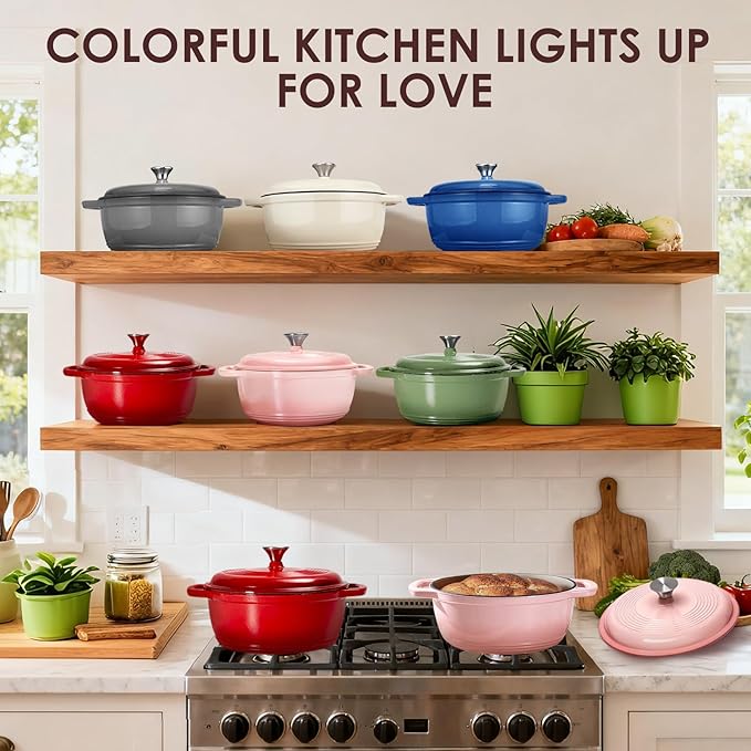 Enameled Cast Iron Dutch Oven Pot With Lid - AIVIKI 5QT Dutch Oven for Bread Baking With Cotton Potholders - Heavy-Duty Cookware for Braising, Stew, Roasting, Oven Safe up to 500°F, Red