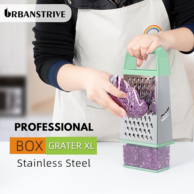 Urbanstrive Cheese Grater With Container, Professional Cheese Grater with Handle, Stainless Steel Graters for Kitchen Handheld, Box Grater with 4 Sides for Vegetables, Ginger, Potatoes (Mint Green)