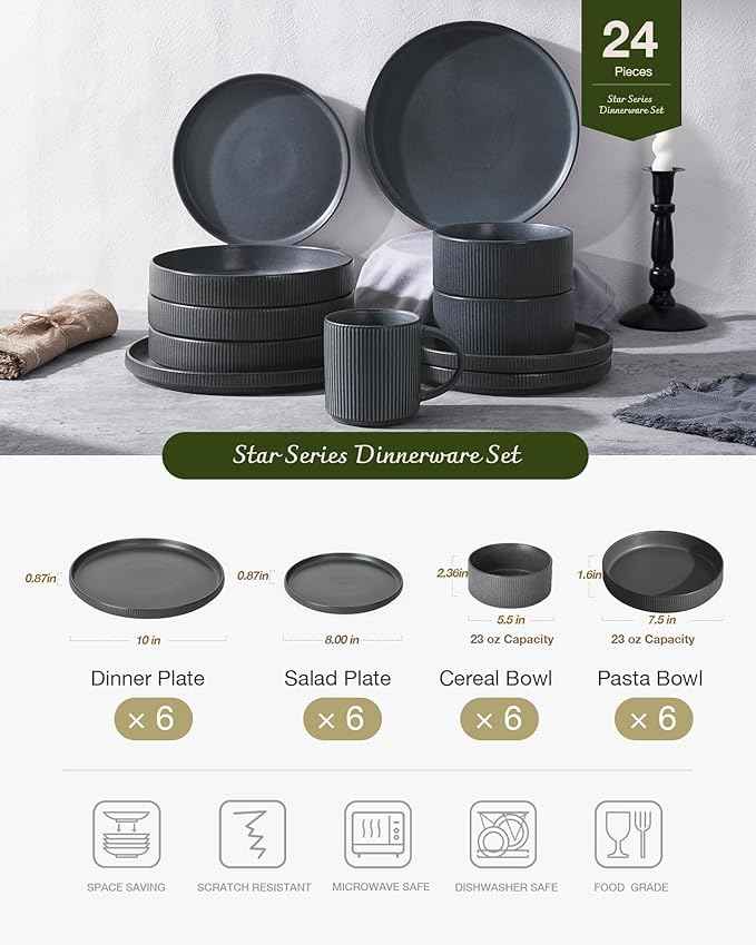 Famiware Star Dinnerware Set with Pasta Bowls, Service for 6 (24 Pieces), Ribbed Stoneware Plates and Double Bowls Sets - Chip & Scratch Resistant, Microwave & Dishwasher Safe, Matte Dark Charcoal