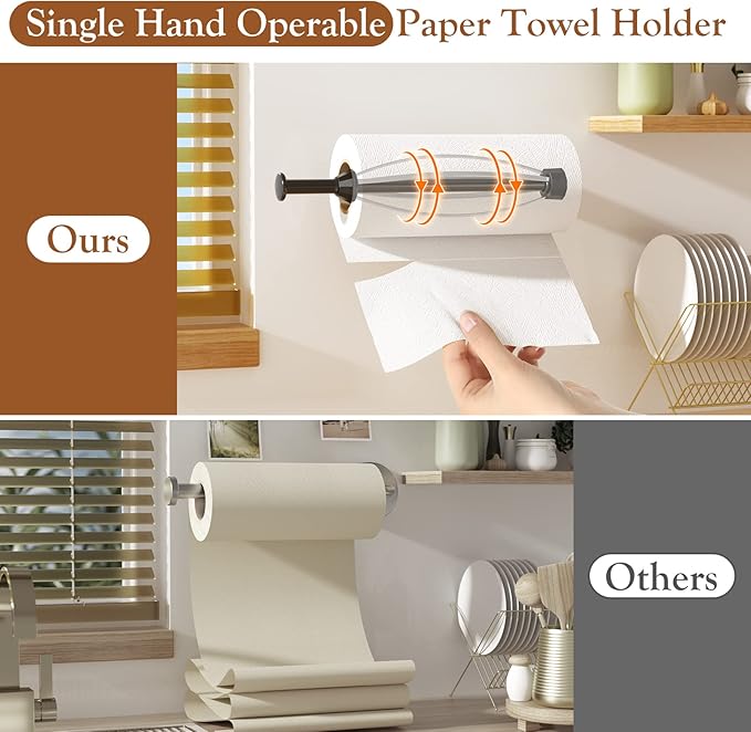 3 Pack Paper Towel Holder Under Cabinet + 2 Towel Robe Hooks, Single Hand Operable Wall Mount Paper Towel Holder with Damping Effect, Adhesive or Drilled Paper Roll Holders for Kitchen, Bathroom, RV