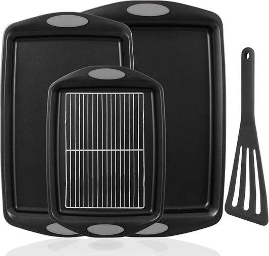 5-Piece Nonstick Baking Pans Set - Premium Carbon Steel Bakeware with PFOA/PFOS/PTFE-Free Coating, Red Silicone Handles (Gray)