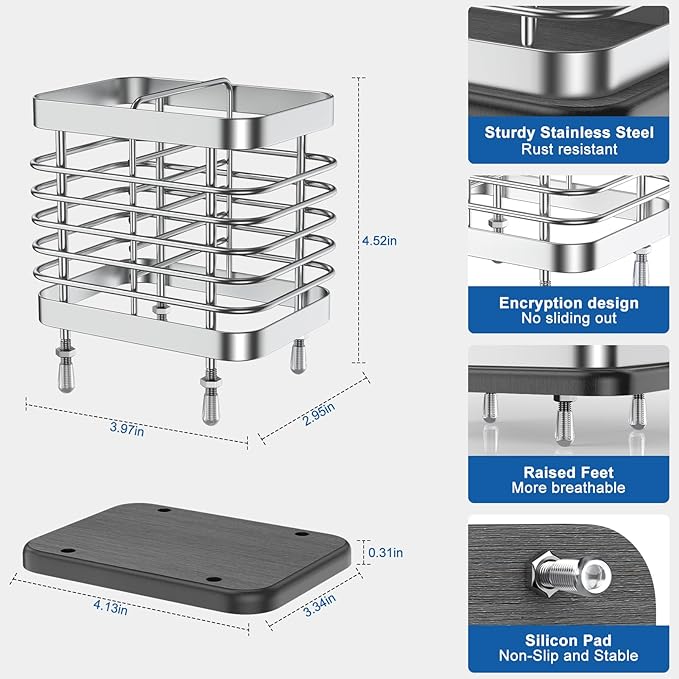 2 Slots Utensil Holder for Kitchen Counter, Small Stainless Steel Cutlery Holder Organizer with Drying Diatomaceous Earth Base, Utensil Drying Rack Spoon Fork Organizer Crock Storage, Sliver