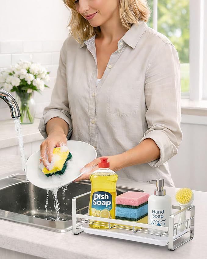 HULISEN Large Sponge Holder, 304 Stainless Steel Kitchen Soap Dispenser Caddy Organizer, Countertop Soap Dish Rack Drainer with Removable Drain Tray, not Including Dispenser and Brush, Silver