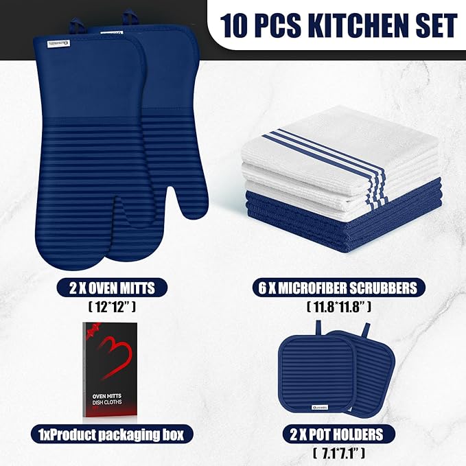Oven Mitts and Pot Holder Sets with Silicone Grip, 500°F Heat Resistant-6 Pack Dishcloth/Dish Towels for Kitchen 100% Cotton-Value Kitchen Essentials for Cooking, Baking, Grilling-Marine Blue