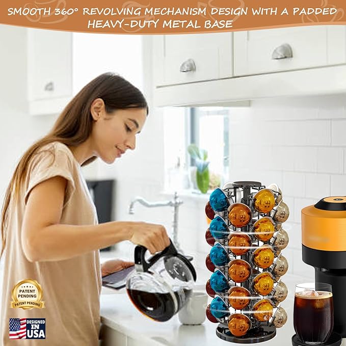 BLACKSMITH FAMILY Coffee Pods Holder Organizer, 360 Degrees Revolving Pod Carousel Compatible for 40 Nespresso Vertuo Pods No Assembly Required Nespresso Pods Holder Tower Stand,Piano Black