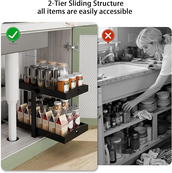 Bamboo Wood Under Sink Organizer 1 Pack, Pull Out Cabinet Organizer 2 Tier Under Sink Organizers and Storage with Sliding Drawer Sturdy Easy Assembly for Kitchen Bathroom Undersink (Black, 2 Packs)