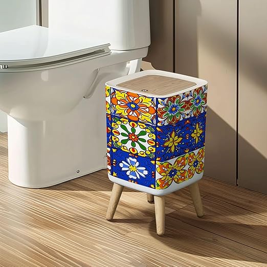 Small Trash Can with Lid Mexican talavera ceramic tile seamless pattern Ethnic folk ornament Wastebasket with Press Cover Dog Proof Garbage Can Waste Bin for Kitchen Bathroom Nursery 2.6 Gallon