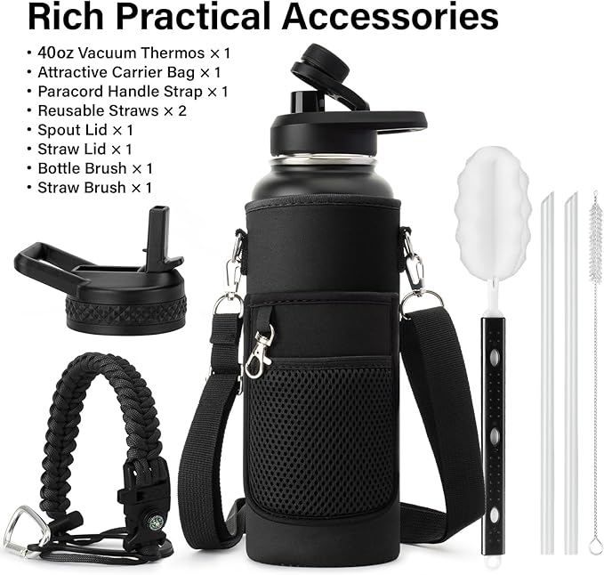 DYSANKY 40 oz Insulated Water Bottle | Thickened Stainless Steel Vacuum Metal | Portable Sports Water Jug for Gym and Hiking with Straw, Carrier Bag, Handle Strap | BPA-Free 40 oz, Black