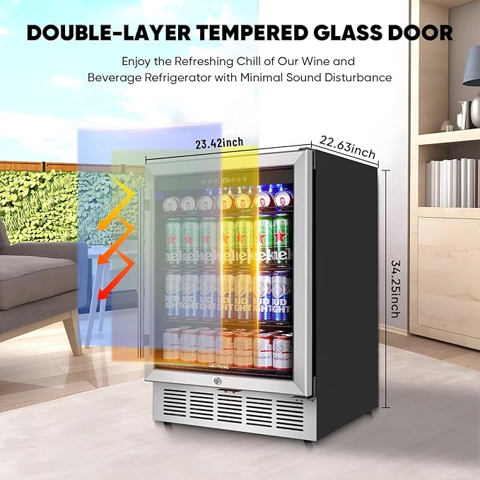 ORYMUSE 24" Beverage Refrigerator, 180 Can Under Counter Drink Cooler with Glass Door & Lock, Built-in or Freestanding Mini Fridge with Quiet Compressor Cooling for Beer, Soda & Wine