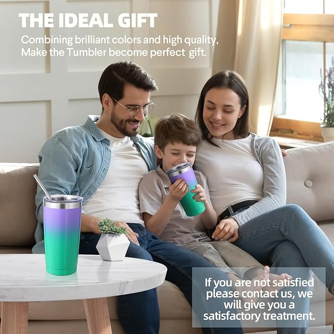 Volhoply 20oz Stainless Steel Tumbler with Lid and Straw,Double Wall Insulated Travel Ice Coffee Mug Fits Cup Holder,Powder Coated Cups for Hot and Cold Drinks,Gifts for Women Men（Purple Green,1 Set）