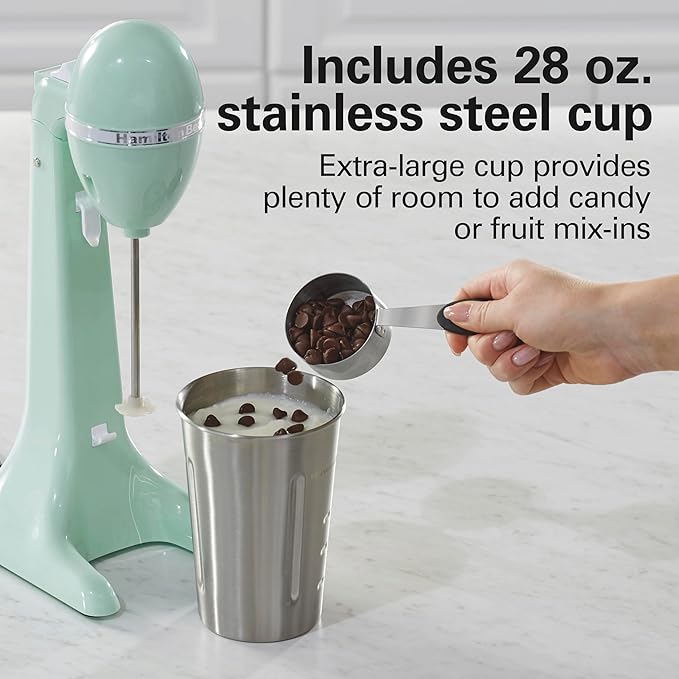 Hamilton Beach DrinkMaster Electric Drink Mixer, Retro Milkshake Maker & Milk Frother, 2 Speeds, Extra-Large 28 oz. Stainless Steel Cup, Mint