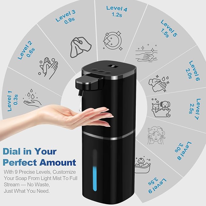 Automatic Liquid Soap Dispenser for Hand Soap & Dish Soap, 9-Level Adjustable Touchless Dispenser with LCD Display, Rechargeable 380mL, Wall Mount or Countertop Use for Kitchen Bathroom