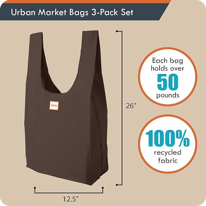 Urban Market Bags - Galaxy - 3 Foldable Reusable Shopping Bags in 1 Compact Pouch, Luxury Quality, Recycled Fabric, Holds 50+ lbs, Machine Washable, Pouch Fits in Cupholder, Designed in California