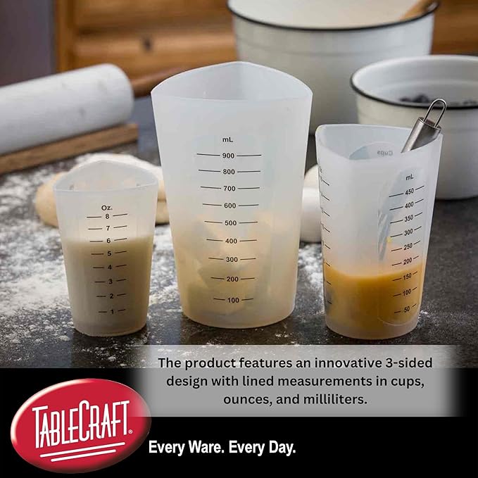 TableCraft HSMC34 Flexible Measuring Cup, 4 Cup, Silicone, 3-Sided Design with Measurements in Cups, Ounces, Milliliters, Ergonomic Grip, Heat Safe to 450°F, Microwave and Dishwasher Safe