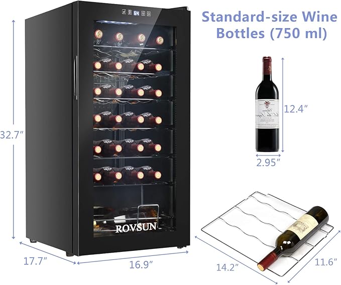 ROVSUN 28 Bottle Wine Fridge, Freestanding Compressor Wine Cooler Refrigerator, Beverage Wine Chiller with Digital Temperature Control & Double-layer Glass Door for Red White Wine, Champagne, Beer