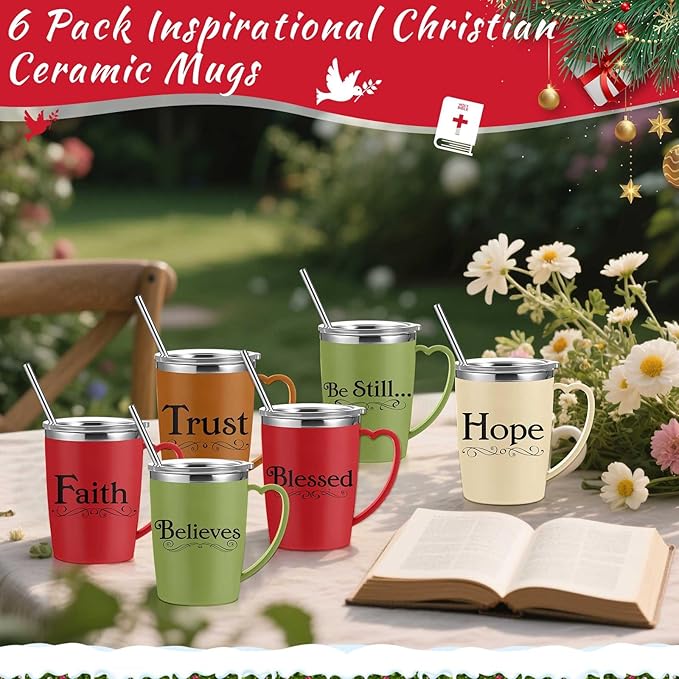 6 Pcs Christian Coffee Mugs Bulk Large 16 oz Religious Tumblers Stainless Steel Insulated Cups with Handle Lid Straw Brushes Bible Verses Scripture Quotes for Women Men Church Gifts