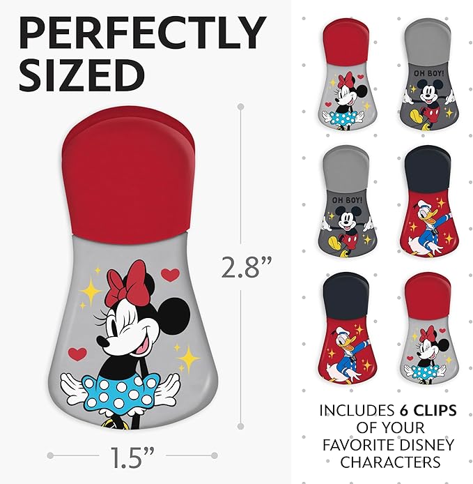 Disney Magnetic Chip Clips – Set of 6 Bag Clips for Food Storage - Mickey, Minnie, Lilo & Stitch, Winnie The Pooh – Durable Airtight Bag Chip Clips for Pantry & Fridge Use