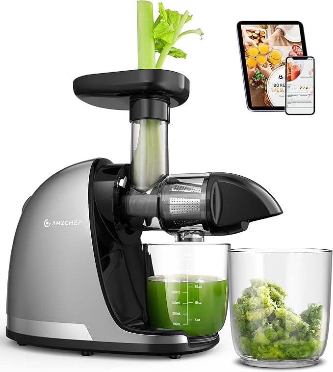 AMZCHEF Cold Press Masticating Juicer Machine - 90% Yield Reverse System, Quiet Motor for Home & Breakfast, 3-Step Clean with Brush, Includes 50+ Juice Recipes, Silver Grey