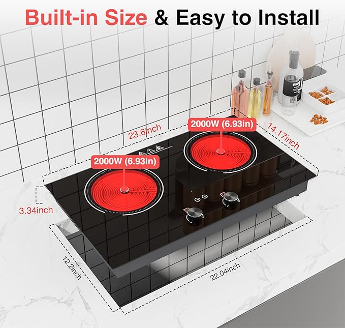 4000W Electric Cooktop: 24" Electric Stove 2 Burner Hot Plate Double Burner, Knob Control Countertop & Built-in, 9 Power Levels, Child Lock, Timer, Suitable for All Pans