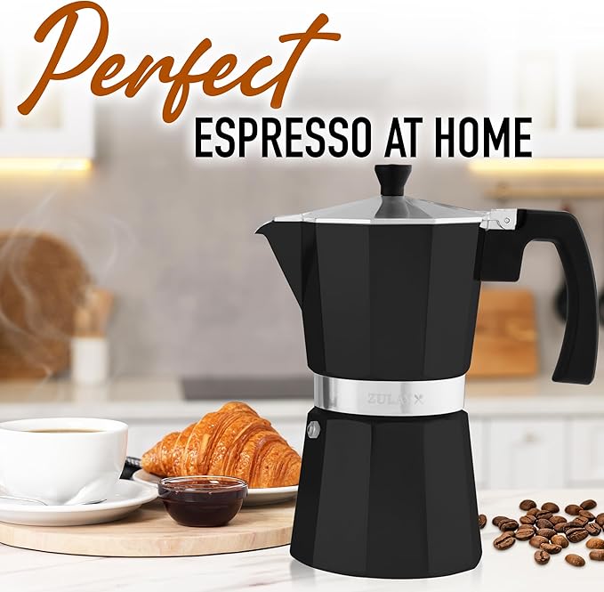 Zulay Moka Pot Espresso Stovetop Coffee Maker - Leak-Proof, Stainless Steel, Easy to Clean, Heat Resistant Handle & Knob - for Authentic Cuban & Italian Style Espresso - Makes 12 Espresso Cups - Black
