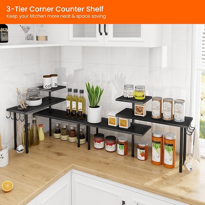 Homode Bathroom Counter Organizer Corner Shelf, Kitchen Countertop Organizer, 3 Tier Wood Counter Shelf Stand for Over The Sink, Coffee Station, Desktop, Black