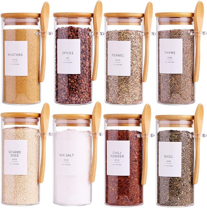 8 Pcs Glass Containers with Bamboo Lids and Spoons - 10 oz Sugar Container with 148 Kitchen Pantry Spice Jar Labels Preprinted - Glass Spice Jars with Wooden Lids Hold Coffee, Tea, Candy, Herbs