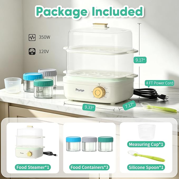 Electric Food Steamer for Cooking, 2-Tier Rapid Egg Cooker, Stackable Steam Cooker for Baby Food, Meal Prep, Quick Healthy Cooking for Vegetables, BPA-Free, 30-Min Timer, 3 Containers&1 Spoon Included
