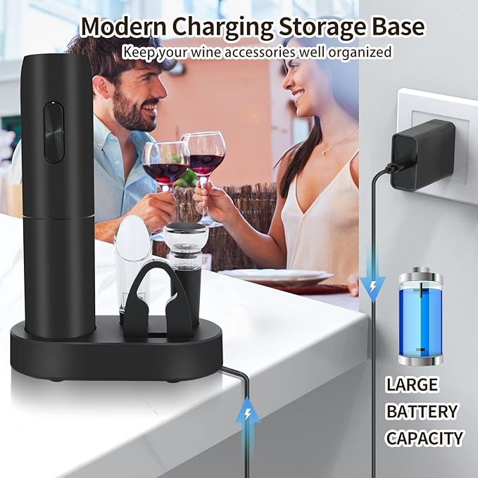 VIDYSUFYR Electric Wine Bottle Opener Set with Charging Base- Black, Automatic Wine Bottle Opener with Led Light, Rechargeable Corkscrew Kit with Aerator，Foil Cutter，Stoppers