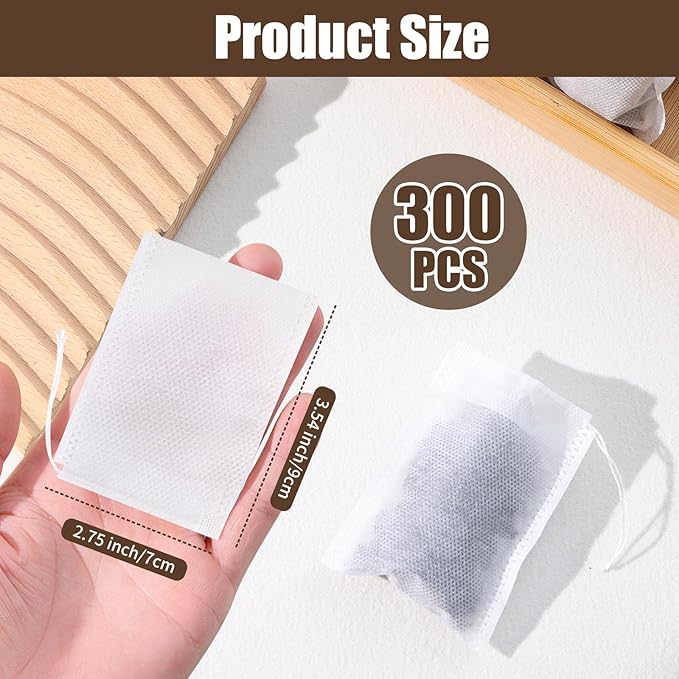 300 PCS Disposable Tea Bags for Loose Leaf Tea, Empty Tea Filter Bags with Drawstring, Fillable Tea Infuser Sachets Suitable for Coffee, Loose Tea, Spice, Herb and More (3.54 x 2.75 inches)
